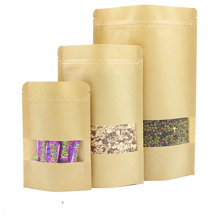 Kraft Paper Bag Manufacturer Stand up Brown Food Package Moisture Proof Brown Kraft Paper Bag for Food Nut Rice Tea Spices QJBZ