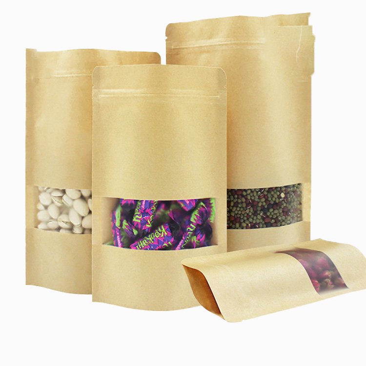 Kraft Paper Bag Manufacturer Stand up Brown Food Package Moisture Proof Brown Kraft Paper Bag for Food Nut Rice Tea Spices QJBZ