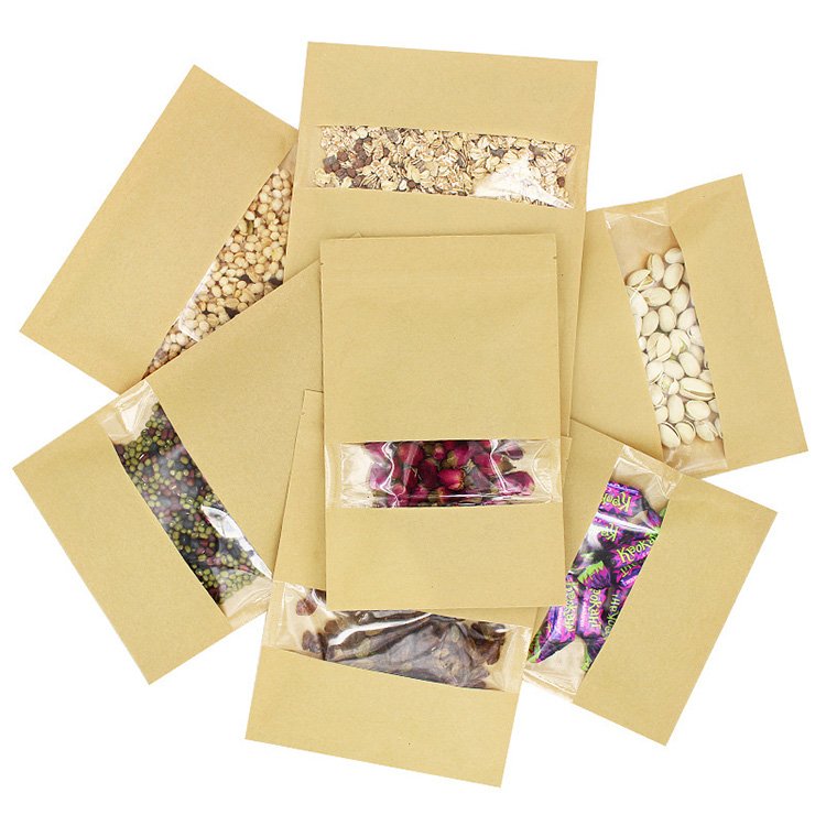 Kraft Paper Bag Manufacturer Stand up Brown Food Package Moisture Proof Brown Kraft Paper Bag for Food Nut Rice Tea Spices QJBZ