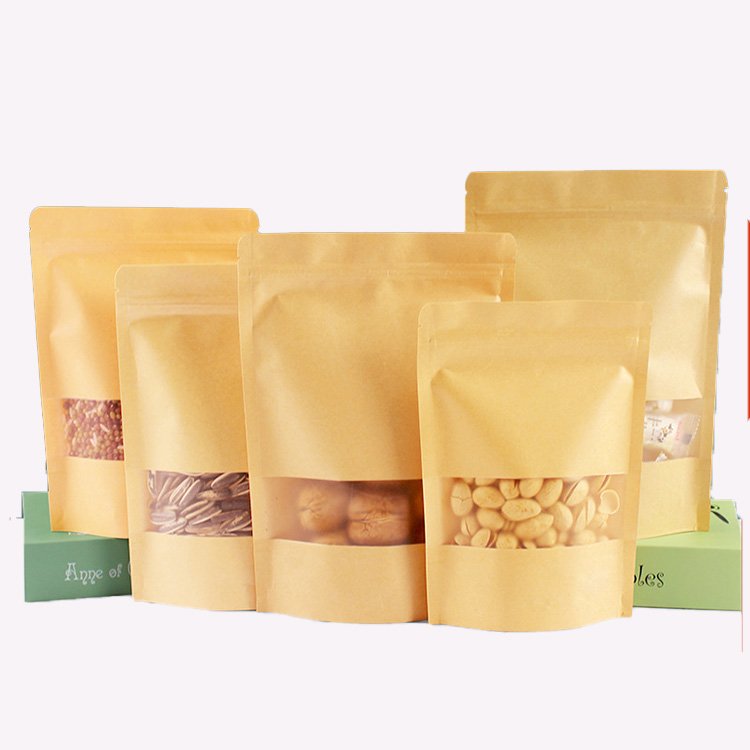 Kraft Paper Bag Manufacturer Stand up Brown Food Package Moisture Proof Brown Kraft Paper Bag for Food Nut Rice Tea Spices QJBZ