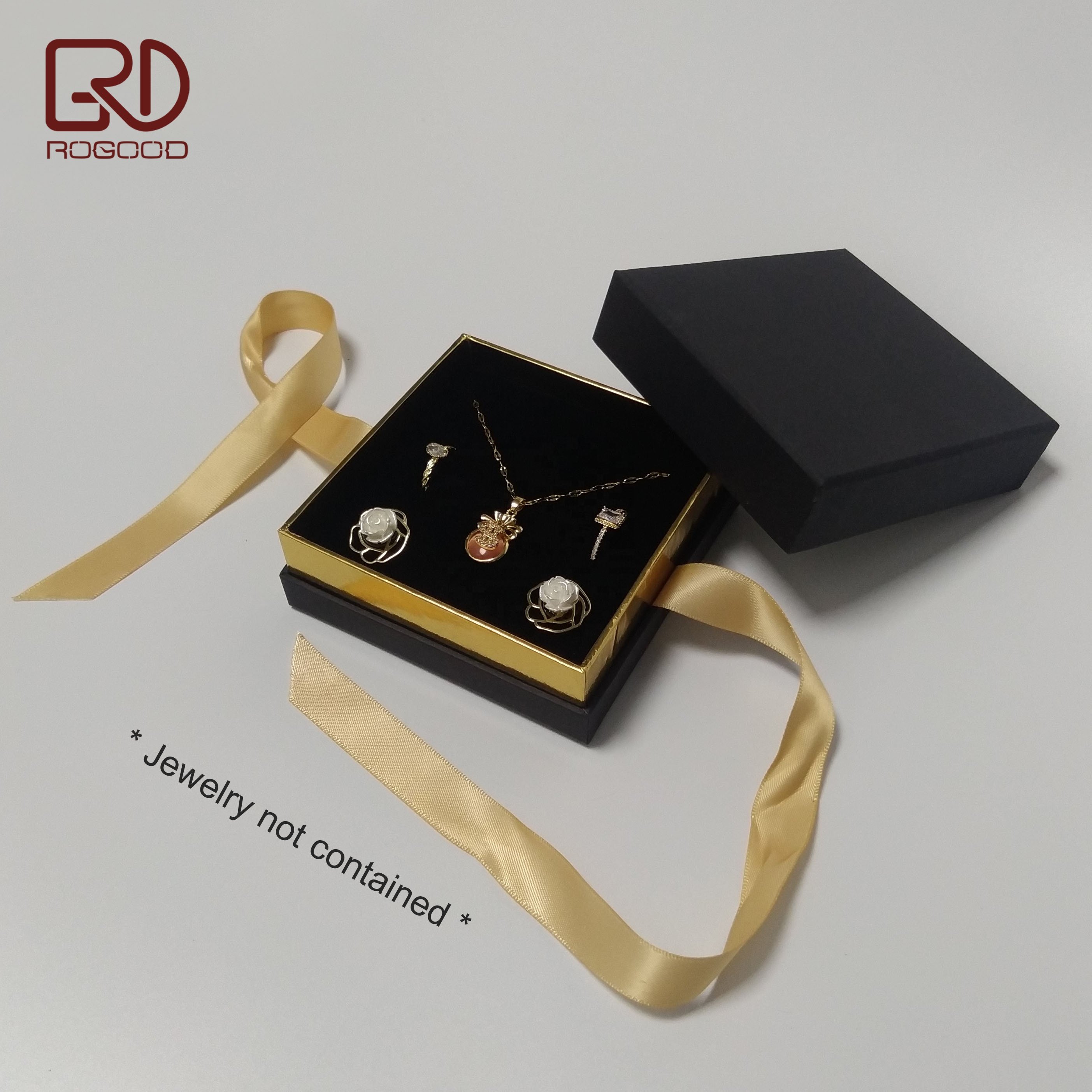ROGOOD 10x10x4.2cm Full Black Lid Open Rigid Cardboard Jewelry Gift Box For Bracelet With Champagne Gold ribbon P1910