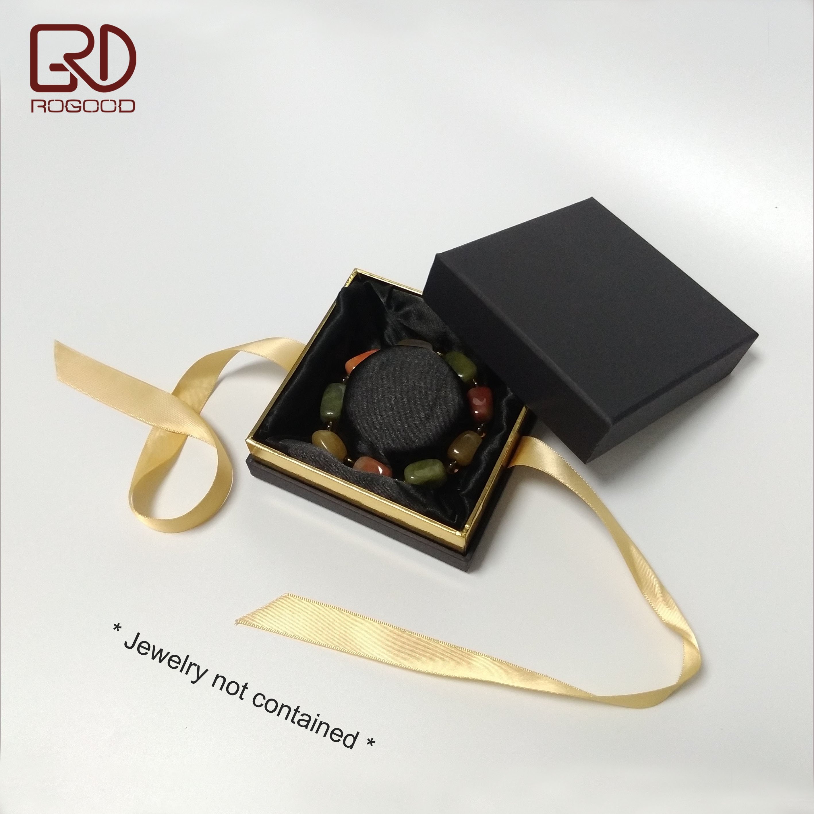 ROGOOD 10x10x4.2cm Full Black Lid Open Rigid Cardboard Jewelry Gift Box For Bracelet With Champagne Gold ribbon P1910