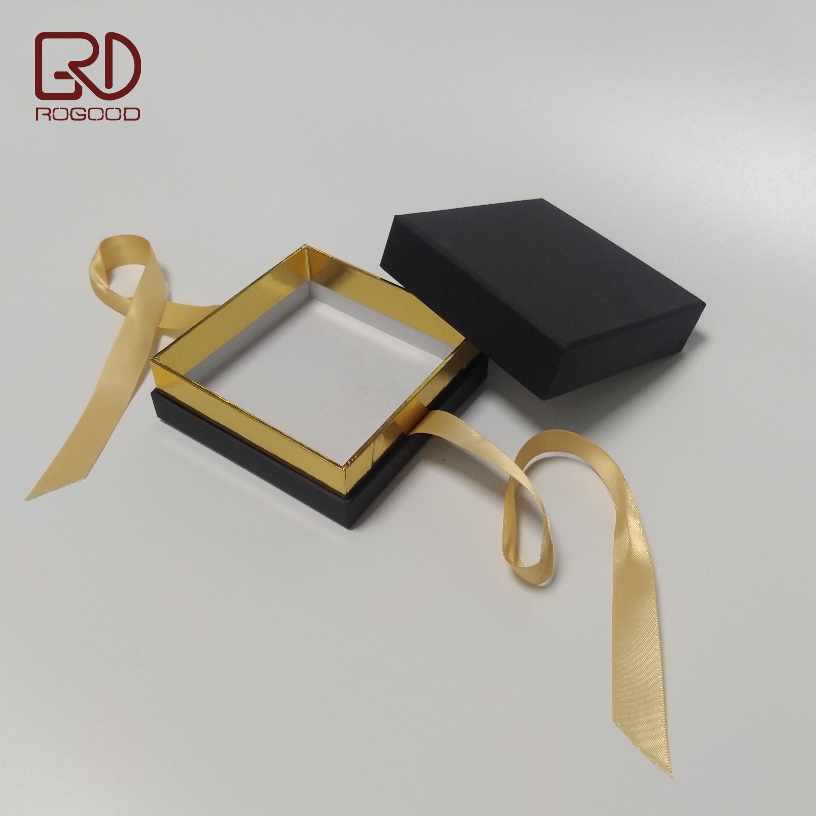 ROGOOD 10x10x4.2cm Full Black Lid Open Rigid Cardboard Jewelry Gift Box For Bracelet With Champagne Gold ribbon P1910