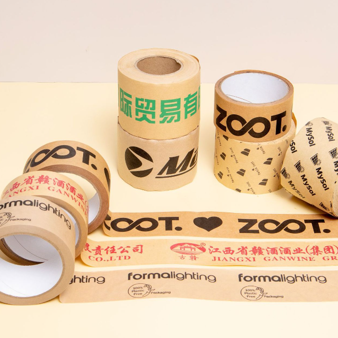 Custom Printed Logo Black Brown Water Activated Gummed Reinforced Self Adhesive Fragile Packing Kraft Paper Tape