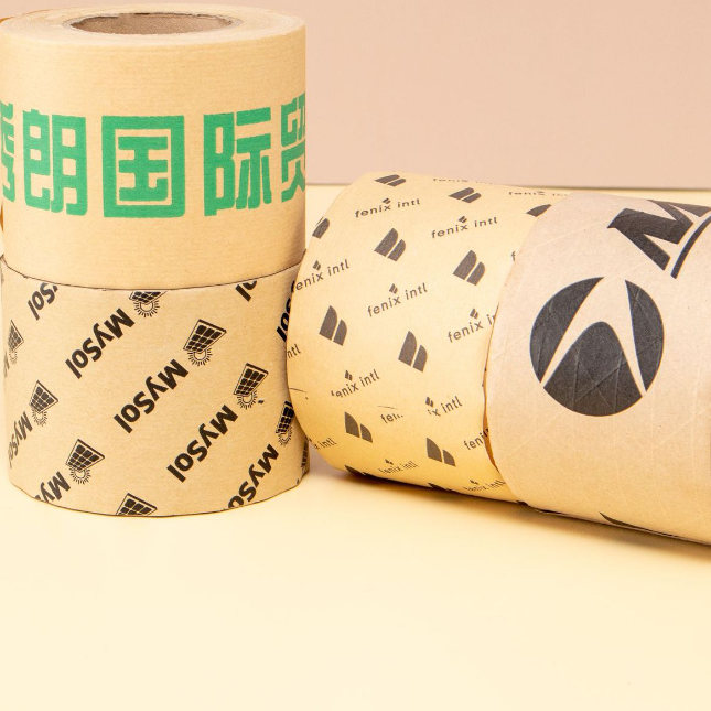 Custom Printed Logo Black Brown Water Activated Gummed Reinforced Self Adhesive Fragile Packing Kraft Paper Tape