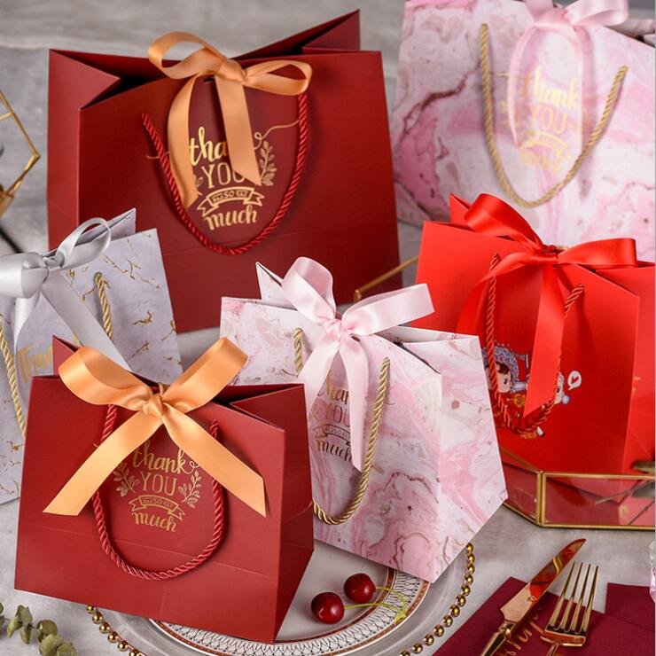 Wedding Favor Luxury Candy Packaging Fancy Marble Custom Paper Handbag Gift Bags with Logo Ribbon