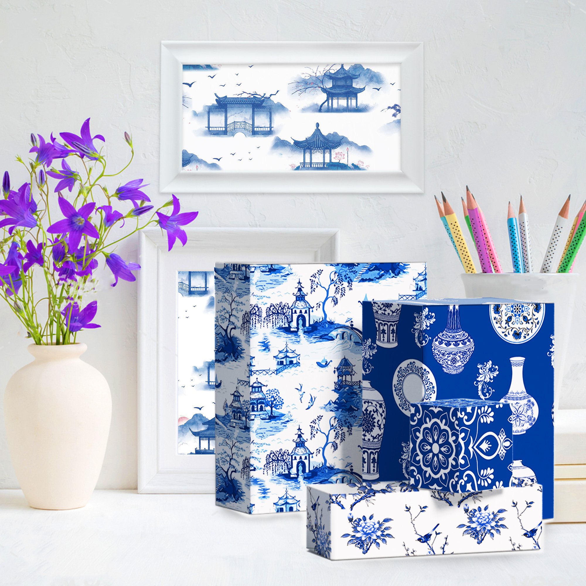 WZ017 Blue and White Porcelain Packaging Paper Gift Wrapping Paper Sheets for Birthday Wedding Tea Party
