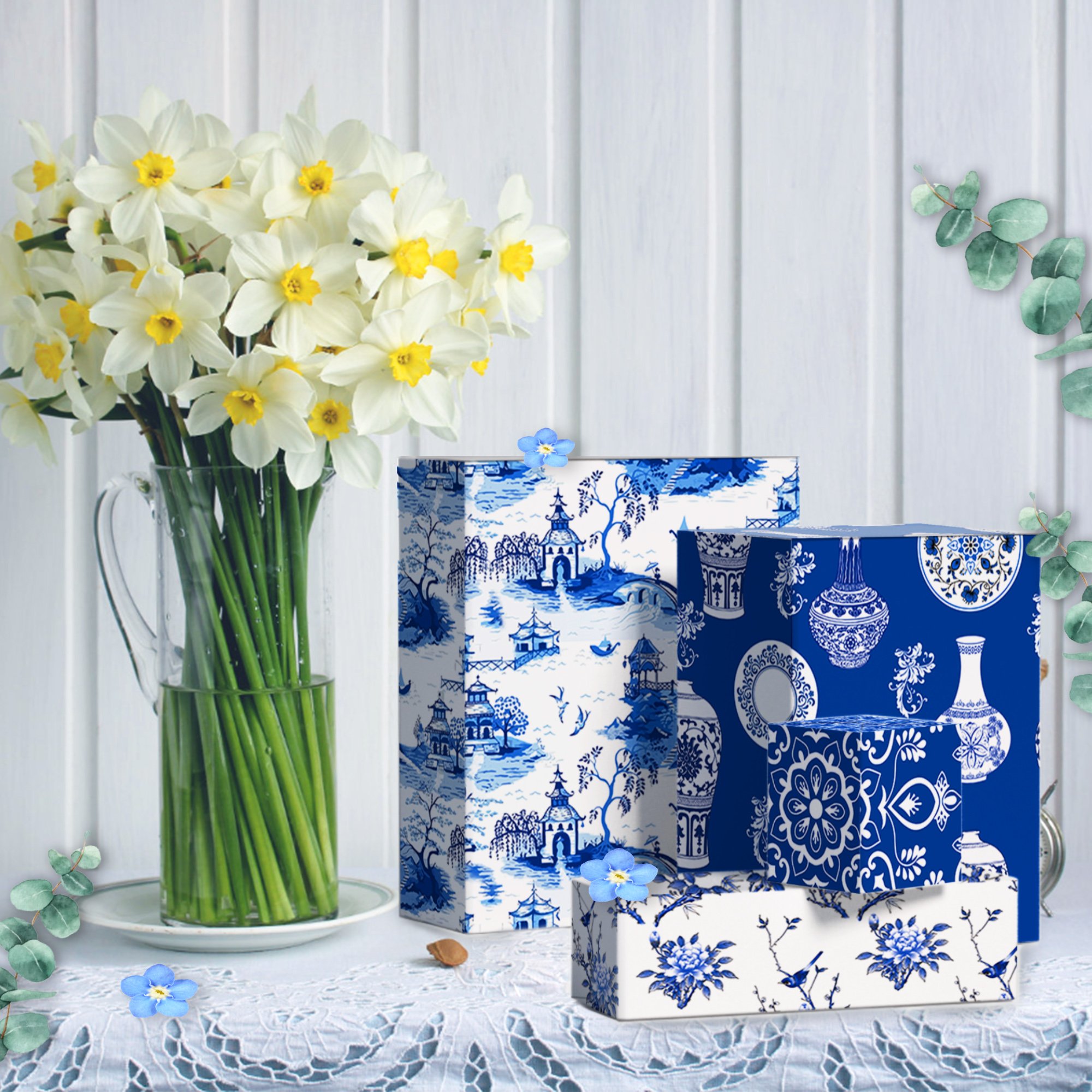 WZ017 Blue and White Porcelain Packaging Paper Gift Wrapping Paper Sheets for Birthday Wedding Tea Party