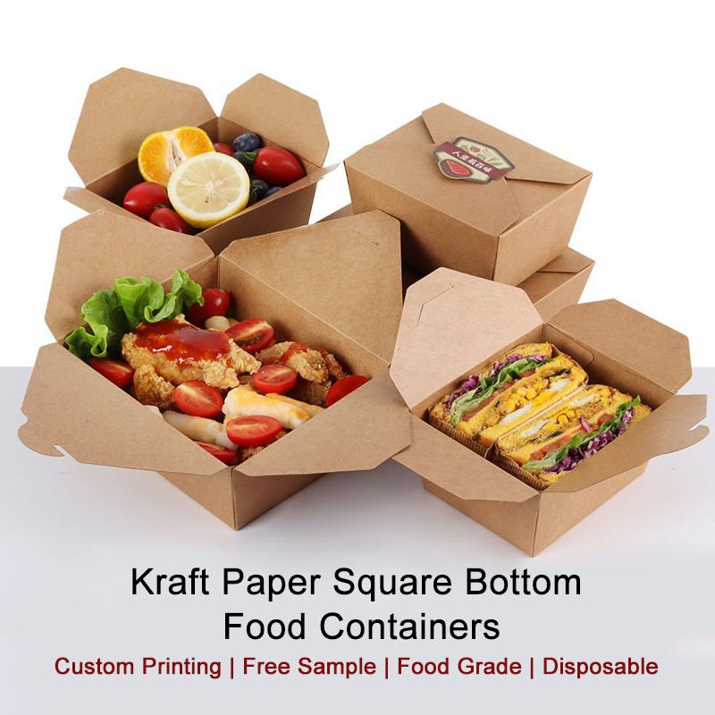 Custom Print Logo Biodegradable Small Fast Food Container Paper Lunch Box Pe Coated Kraft Paper Box Packaging Container For Food