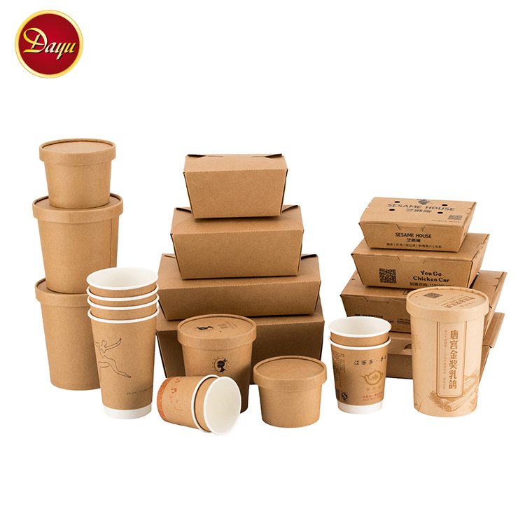 Custom Printed Kraft paper Food packaging Take Away Lunch Box And Salad Soup Bowl Coffee Cup