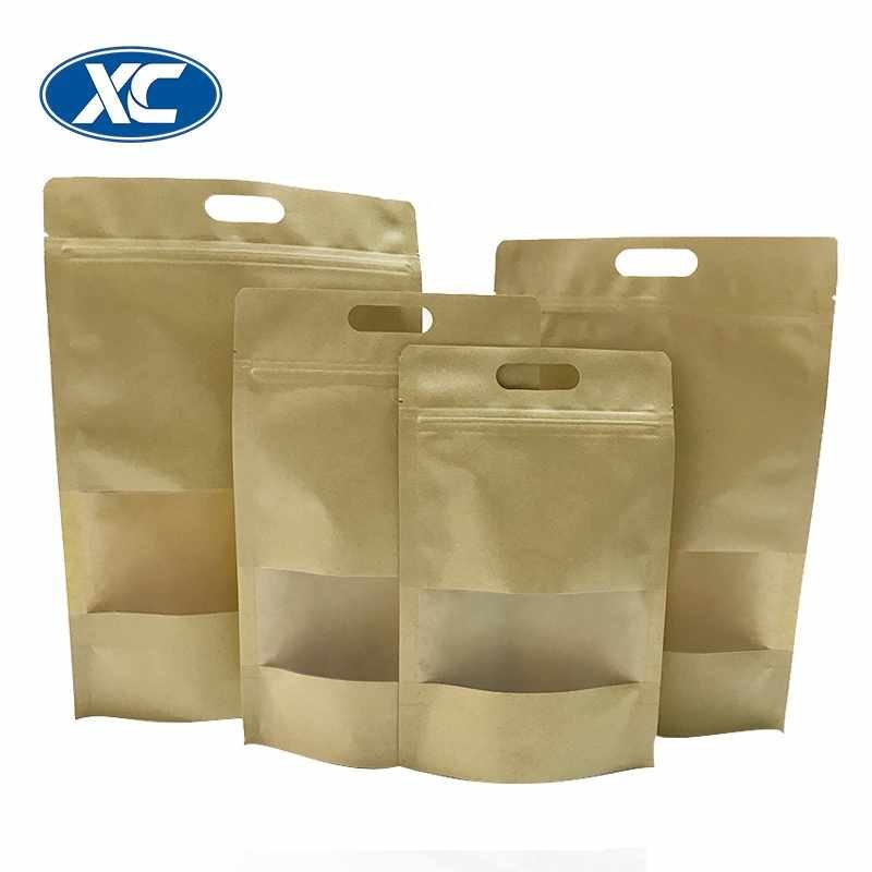 Wholesale Snack Nuts Coffee Food Packaging Bag Ziplock Candy Brown Kraft Craft Paper Standing Up Pouch With Hole Handle