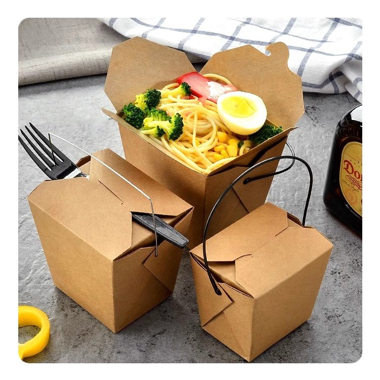 Custom Color Disposable Restaurant Chinese Food Takeaway Take Out Package Container Kraft Paper Noodle Takeout Box With Handle