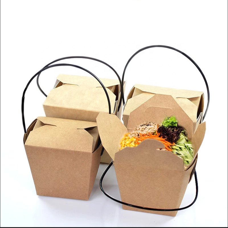 Custom Color Disposable Restaurant Chinese Food Takeaway Take Out Package Container Kraft Paper Noodle Takeout Box With Handle