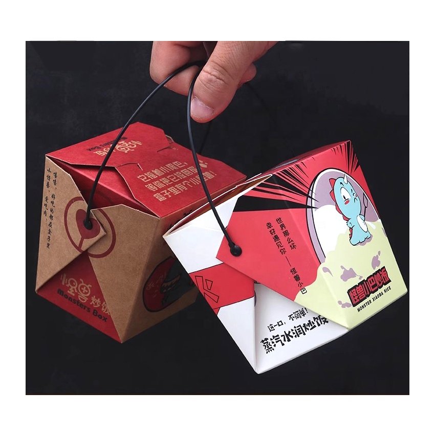 Custom Color Disposable Restaurant Chinese Food Takeaway Take Out Package Container Kraft Paper Noodle Takeout Box With Handle