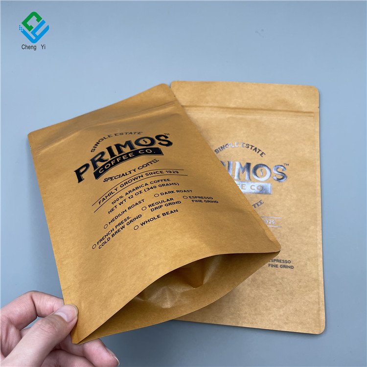 Customized Printed Biodegradable Kraft Paper Packaging Stand Up Zip lock Bag With Valve For Tea Coffee Bean 500g 12 oz 16 oz Bag