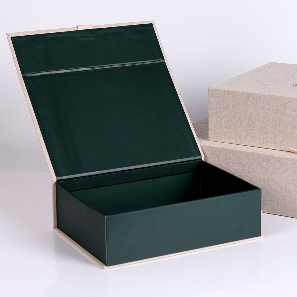 Custom luxury fabric linen paper book shape magnetic gift clothes package box high quality paper box for clothing packaging