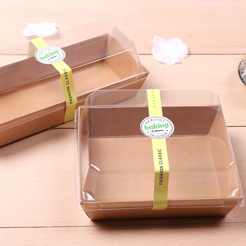 Wholesale Custom Kraft Meal Noodle Paper Cake Box Sandwich Packaging Box with Clear PET Lid Custom Carry Tray Paperboard