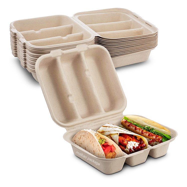 Biodegradable Sugarcane Clamshell Box Takeout Food Packaging Bagasse Taco Box Disposable Pulp 3-Compartment Taco Holder With Lid