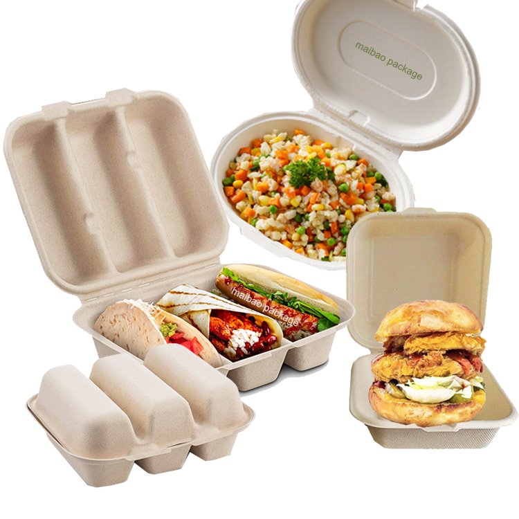Biodegradable Sugarcane Clamshell Box Takeout Food Packaging Bagasse Taco Box Disposable Pulp 3-Compartment Taco Holder With Lid