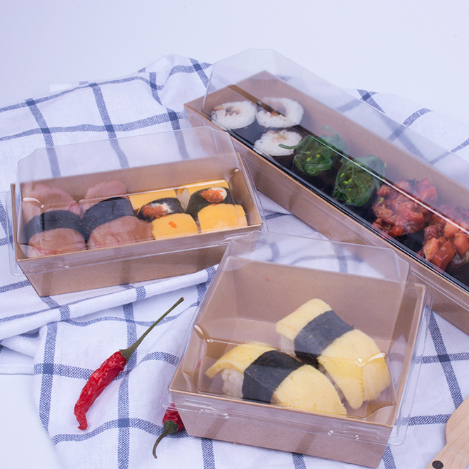 Disposable Eco-friendly Compostable Kraft Paper Pulp Fast Food Sushi Tray With Pet Lid