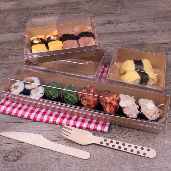 Disposable Eco-friendly Compostable Kraft Paper Pulp Fast Food Sushi Tray With Pet Lid