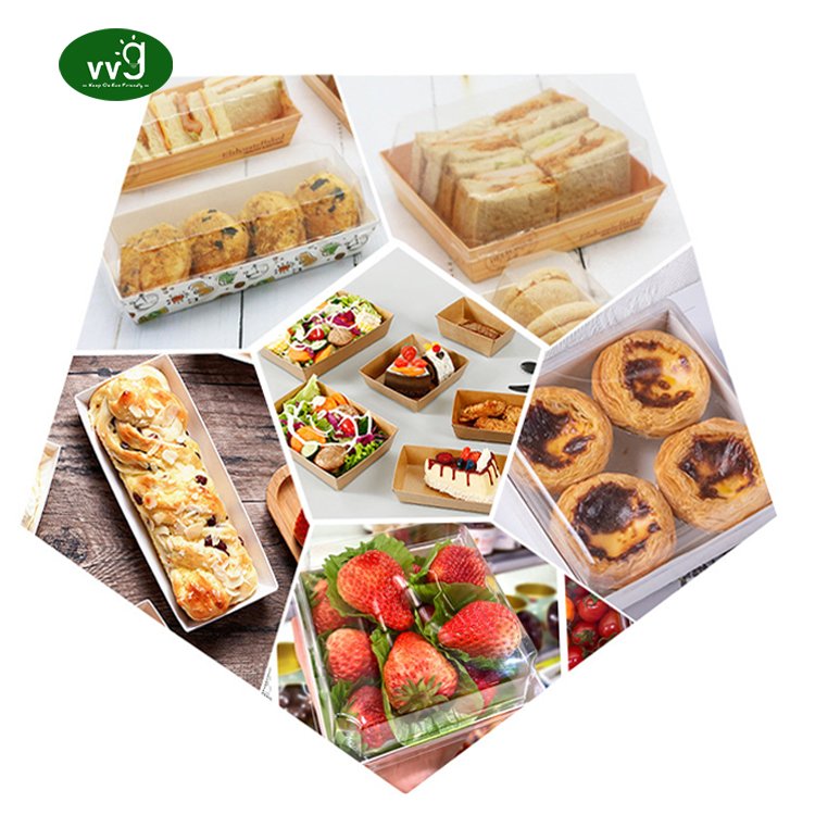 VVG Wholesale Food Box Packaging with Clear Lids Kraft Paper Takeaway Box for Sandwich Slice Cake Bakery Desserts