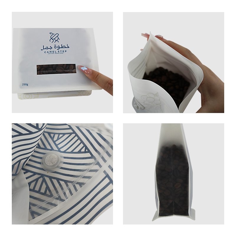 Custom Rough Matte Finish Recyclable 250G Flat Bottom Coffee Bag And Paper Box With Window For Coffee Kit
