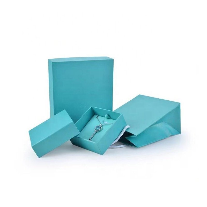 Factory Custom Lake Color Lid And Base PaperJewelry Packing Gift Boxes With Handle Bags