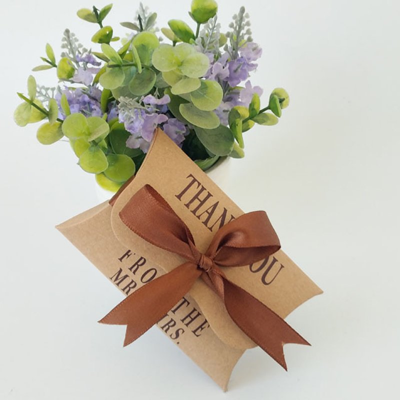 Brown Pillow Shape Chocolate Box For Wedding Return Gifts Thank You Print Custom Small Candy Box With Ribbon Kraft Paper Box
