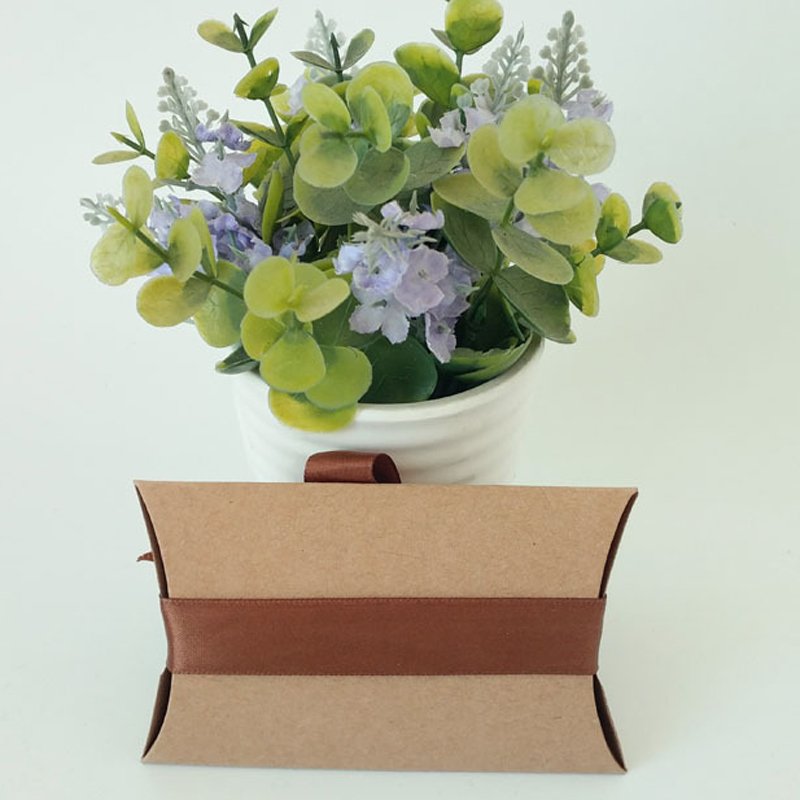 Brown Pillow Shape Chocolate Box For Wedding Return Gifts Thank You Print Custom Small Candy Box With Ribbon Kraft Paper Box