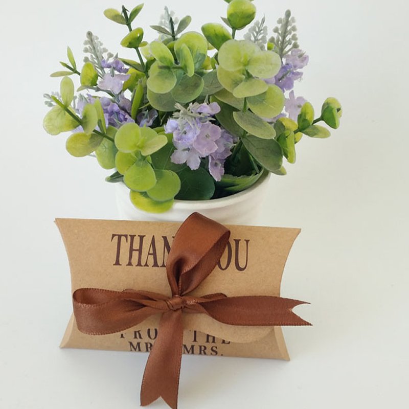 Brown Pillow Shape Chocolate Box For Wedding Return Gifts Thank You Print Custom Small Candy Box With Ribbon Kraft Paper Box