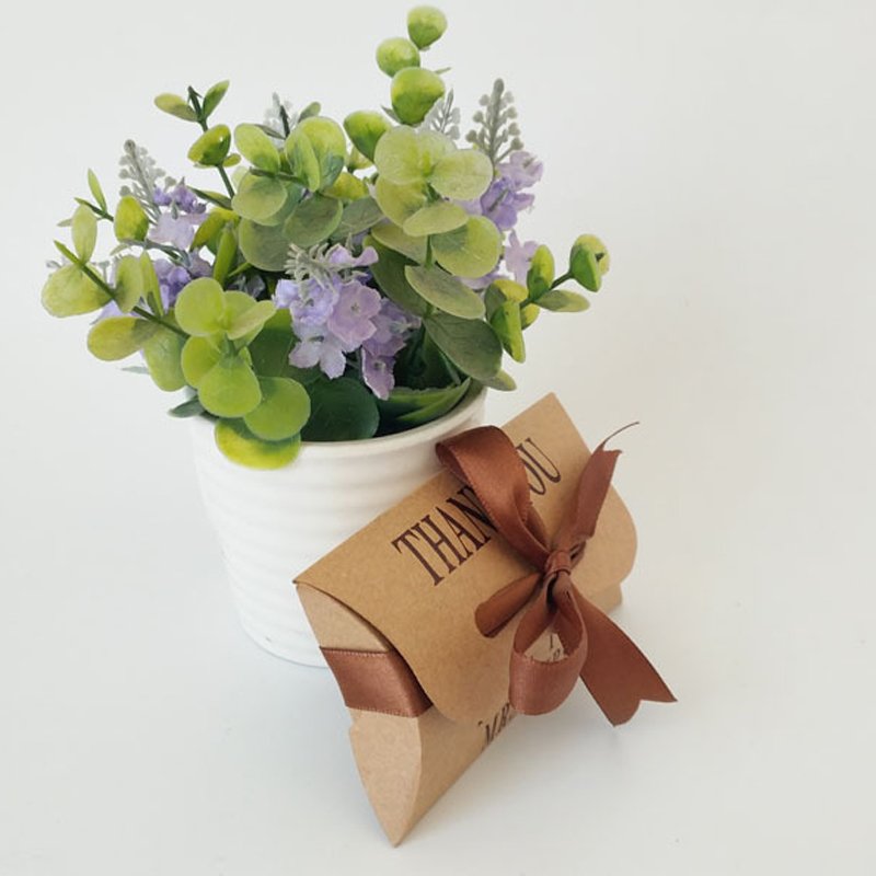 Brown Pillow Shape Chocolate Box For Wedding Return Gifts Thank You Print Custom Small Candy Box With Ribbon Kraft Paper Box