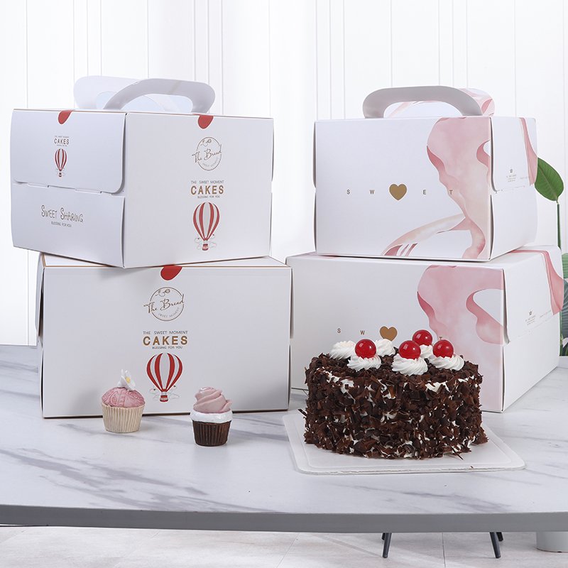 Food grade handle custom eco-friendly portable paper cake box food packaging box for birthday cake carrying with window