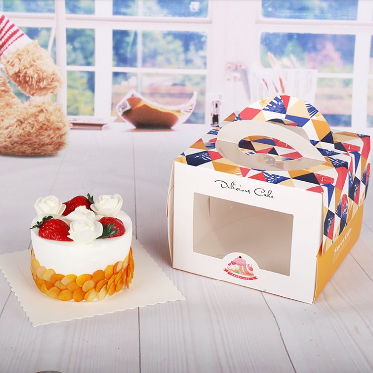 Food grade handle custom eco-friendly portable paper cake box food packaging box for birthday cake carrying with window