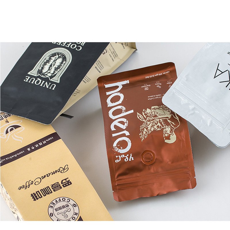 Eco friendly sealed resealable food ziplock packaging mylar stand up pouch packing tea coffee bean bag with valve and zipper