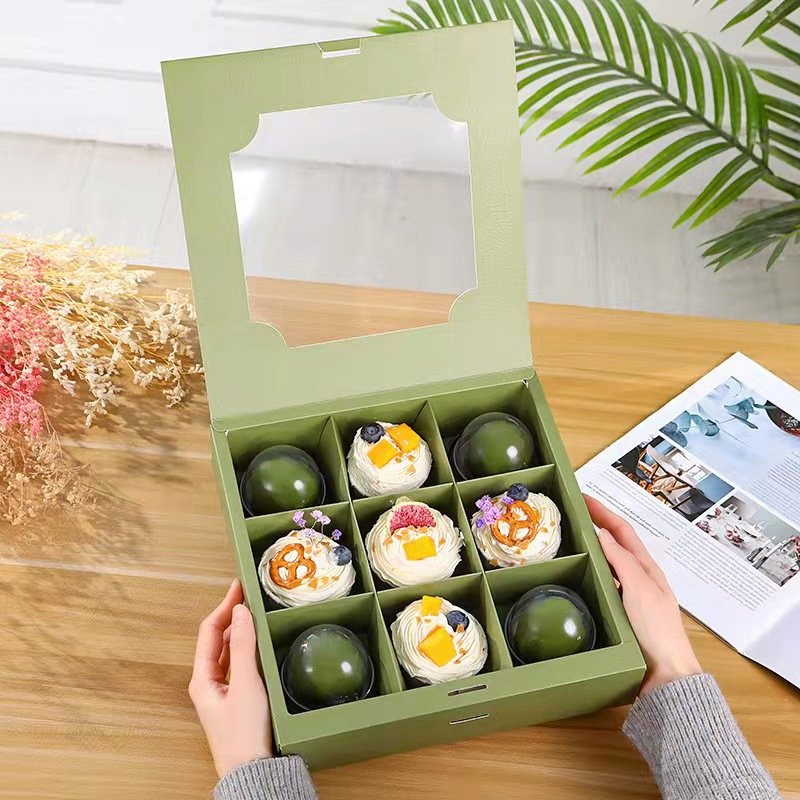 Wholesale Green Folding Cupcake Packing Boxes Clear Lid Dessert Cake Mini Cupcake Box 9 Food Customize Disposable Coated Paper
