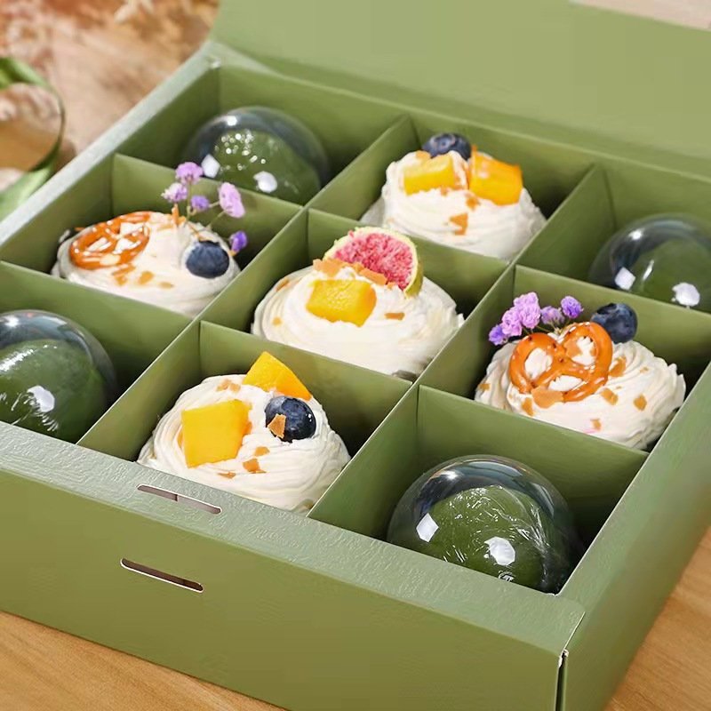 Wholesale Green Folding Cupcake Packing Boxes Clear Lid Dessert Cake Mini Cupcake Box 9 Food Customize Disposable Coated Paper