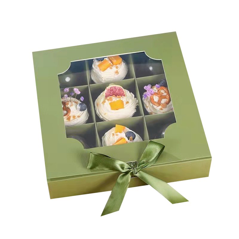 Wholesale Green Folding Cupcake Packing Boxes Clear Lid Dessert Cake Mini Cupcake Box 9 Food Customize Disposable Coated Paper