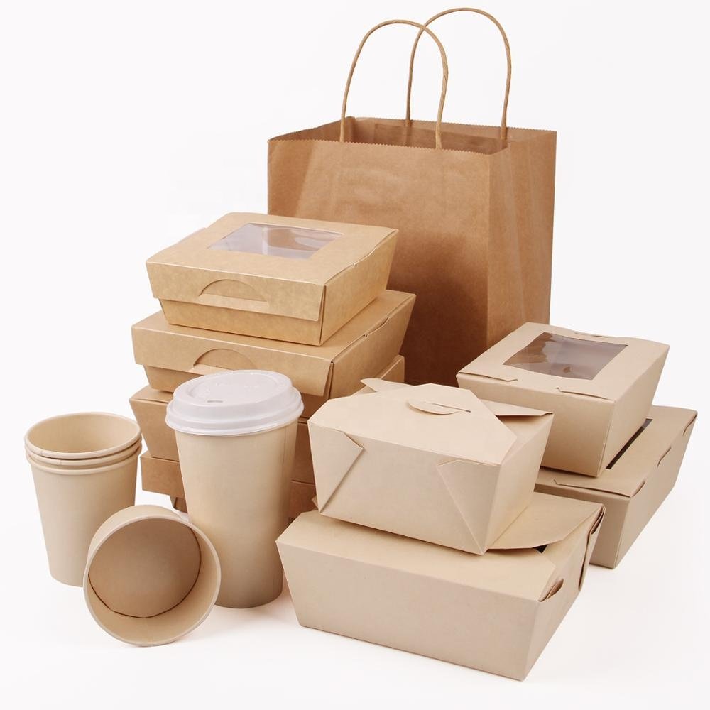 Customized top grade food packaging paper cup bag without window with window take away food boxes and cup