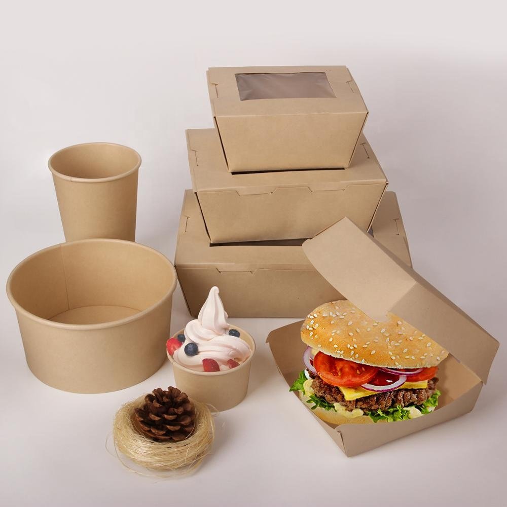 Customized top grade food packaging paper cup bag without window with window take away food boxes and cup