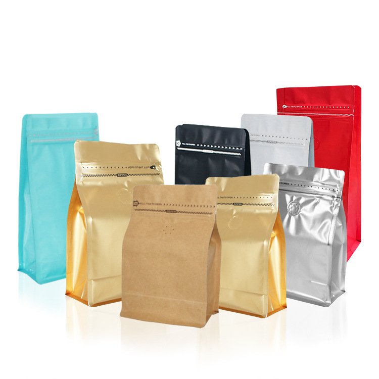 Food Grade Kraft Paper Tea Packing Zipper Pouch Roasted Coffee Bag Pouches Flexible Block Bottom Aluminum Bags Coffee Packaging