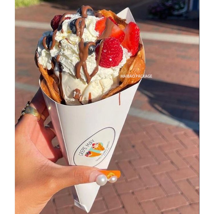 Disposable Paper Churros Packaging Box With Dip Custom Crepe Holder Paper French Fries V Shape Bottom Cones Ice Cream Holder
