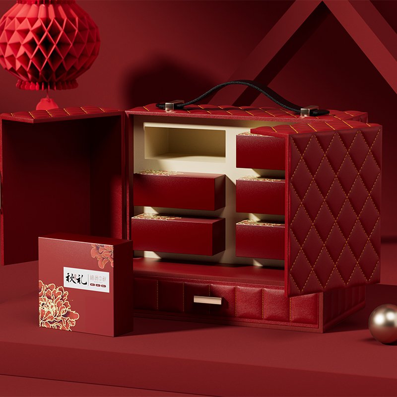 2024 new style luxury leather mooncake box with handle custom leather box Double door design mooncake box