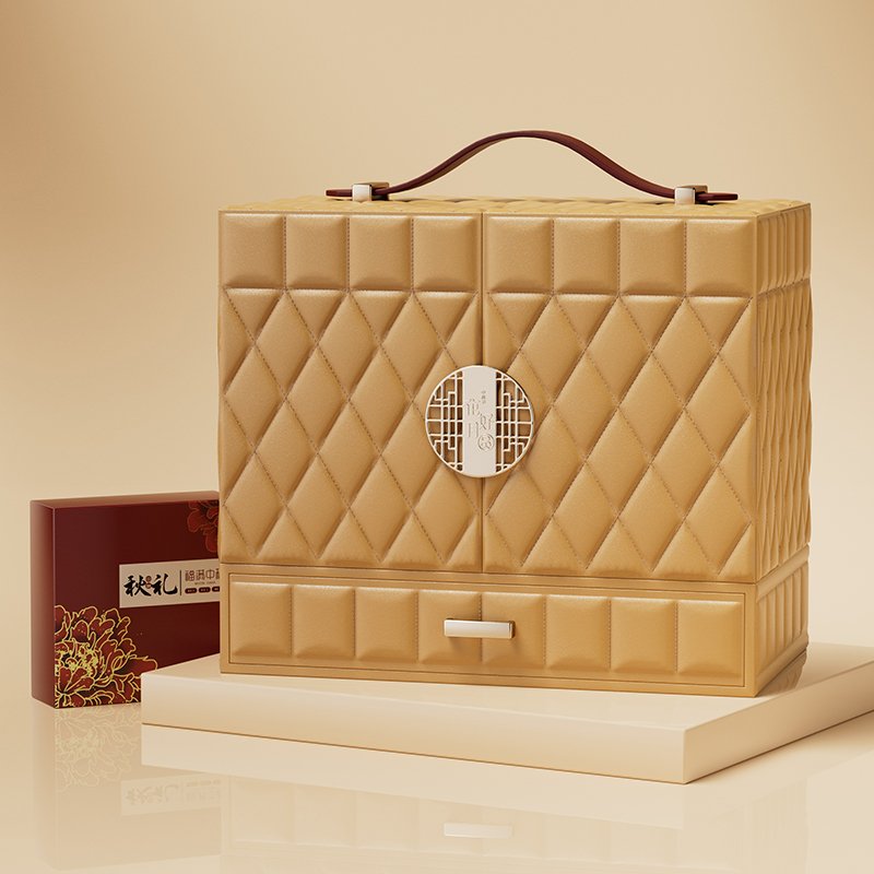 2024 new style luxury leather mooncake box with handle custom leather box Double door design mooncake box