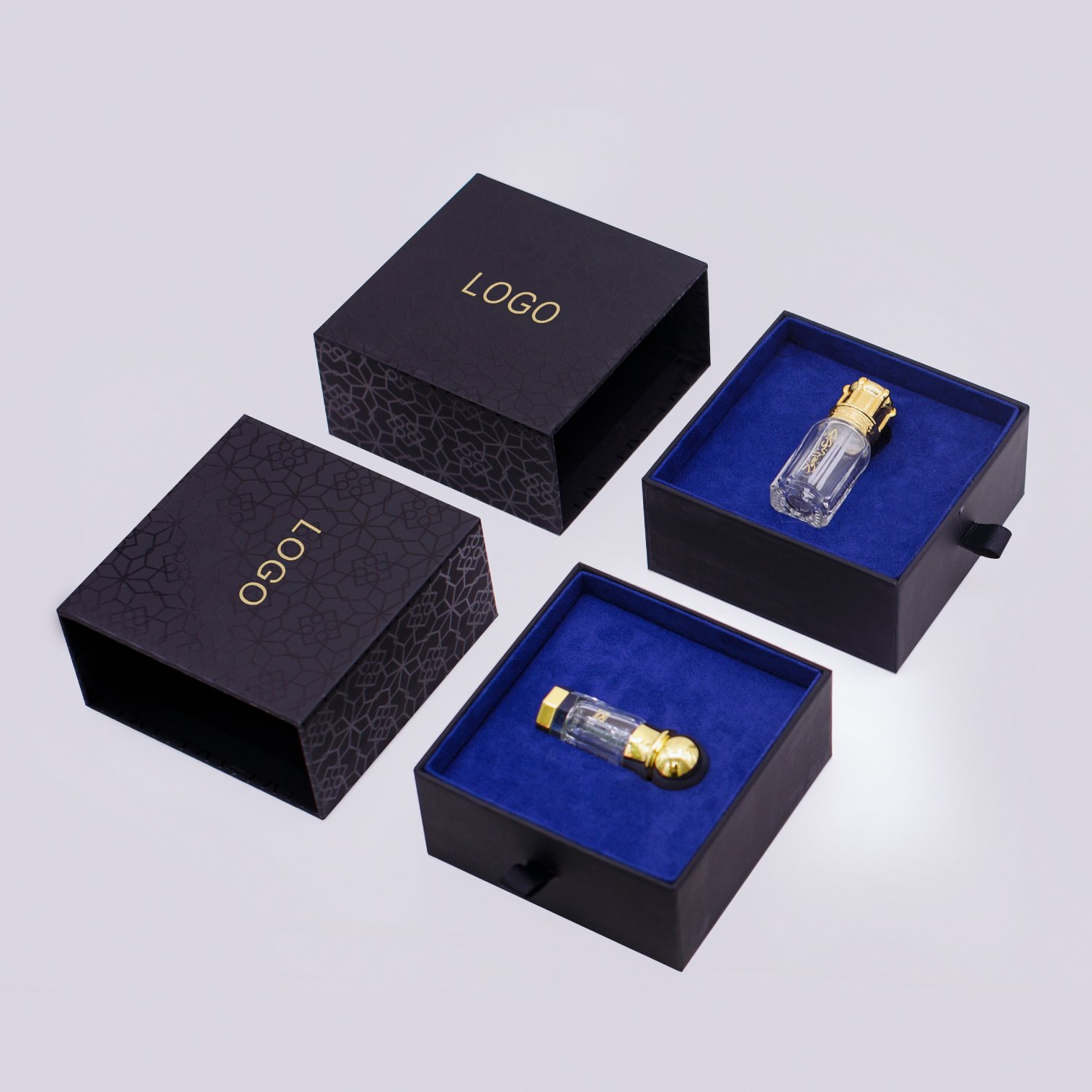 Custom luxury black cosmetic wedding essential oil Drawer boxes Rigid cardboard Paper Packaging gift set Perfume Box