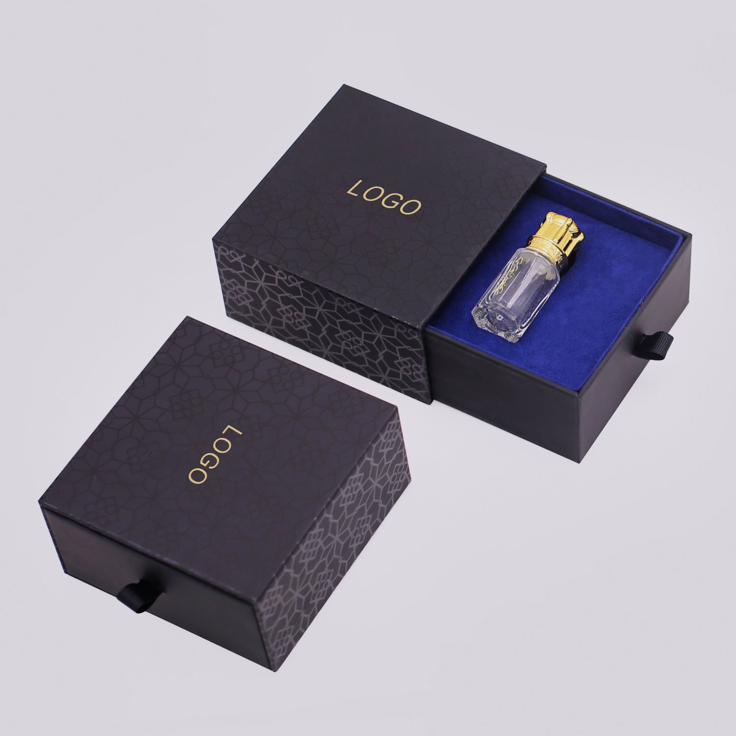 Custom luxury black cosmetic wedding essential oil Drawer boxes Rigid cardboard Paper Packaging gift set Perfume Box