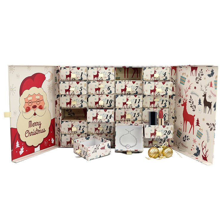Factory Custom Ramadan Christmas Chocolate Calendar Advent Boxes Paper Cosmetic Cardboard Packaging 24 pieces small drawer Gift