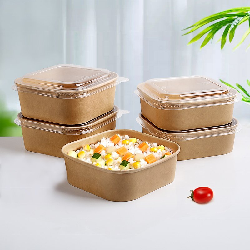 New 2022 Biodegradable Eco Packaging Take Away Box Square Bowl Kraft Paper Disposable Food Flexo Printing Recyclable Accept FUJ