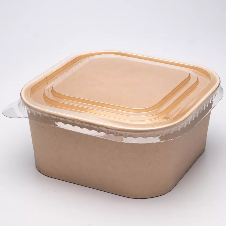 New 2022 Biodegradable Eco Packaging Take Away Box Square Bowl Kraft Paper Disposable Food Flexo Printing Recyclable Accept FUJ