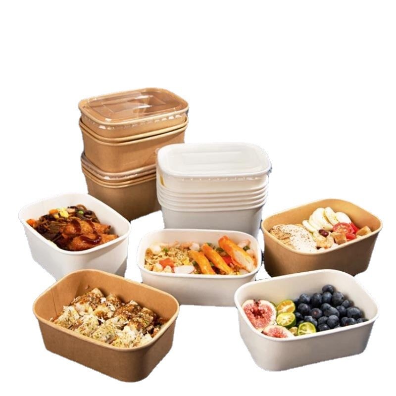 New 2022 Biodegradable Eco Packaging Take Away Box Square Bowl Kraft Paper Disposable Food Flexo Printing Recyclable Accept FUJ